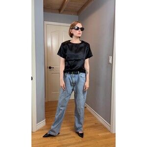 Vintage 80s Cindy Collins Shiny Black Shoulder Pad Blouse Top Women’s Size Small